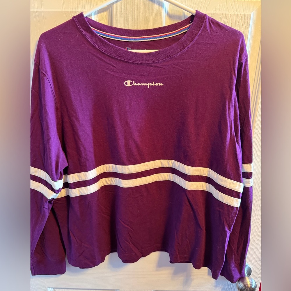 Champion heritage stripe purple and white Athletic Long Sleeve top sz xL.